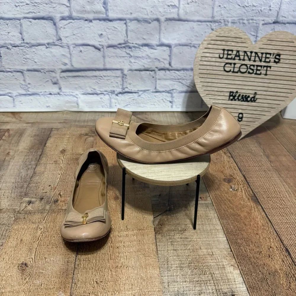 TORY BURCH Trudy Gold Logo-Bow Beige Leather Ballet Flat Size 11